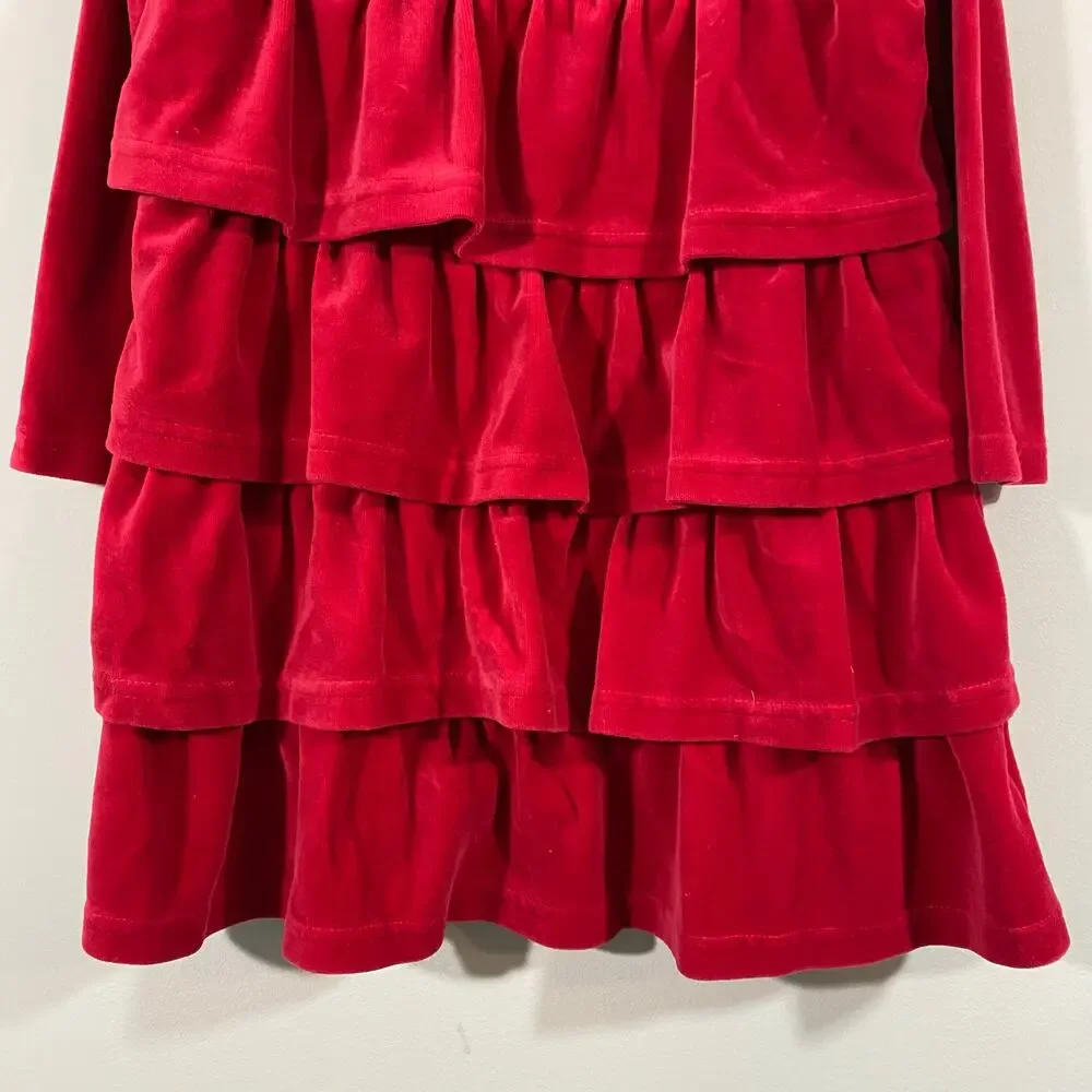 Hanna Andersson Girl's Red Velour Tiered Ruffle L/S Holiday Dress Size 120 (6-7)